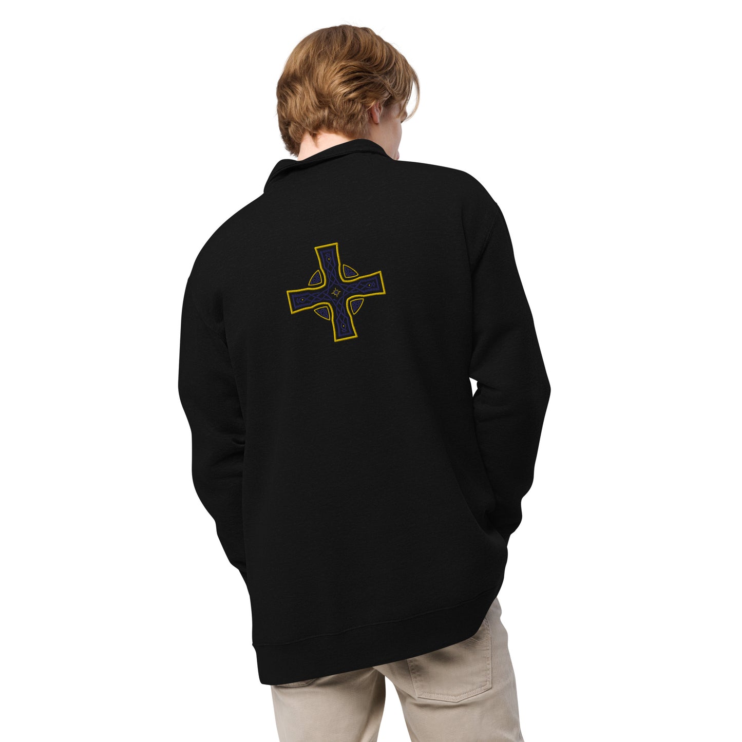Cross of the Morning's Glory - Blue on Gold Embroidered - fleece pullover