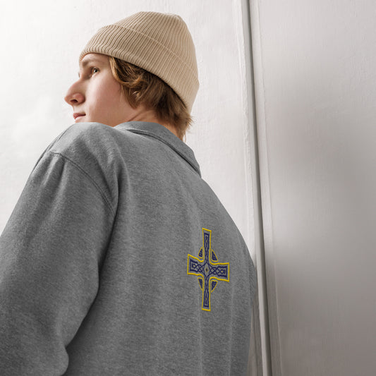 Cross of the Morning's Glory - Blue on Gold Embroidered - fleece pullover